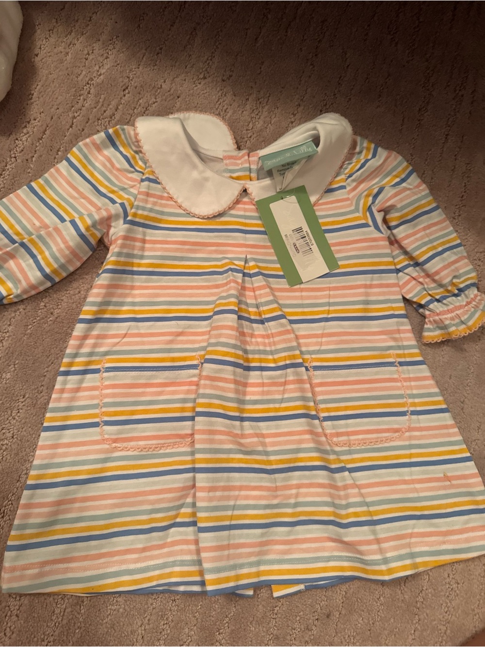 Girls' Striped Cotton Dress with Peter Pan Collar - Pastel Multicolor